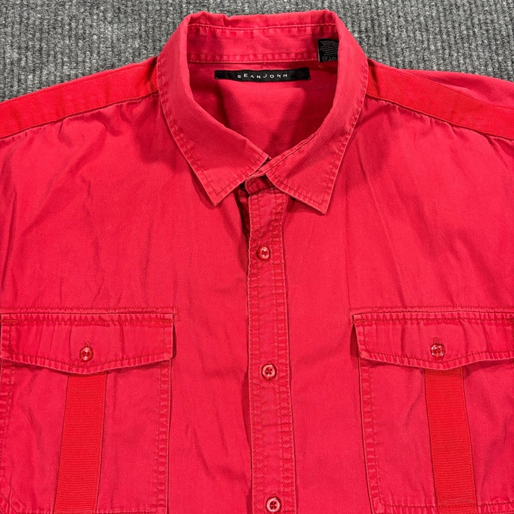 Sean John Button Down Shirt Mens 3XL Red Short Sleeve Grosgrain Trim Detail